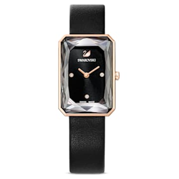 Uptown watch, Leather strap, Black, Rose-gold tone PVD - Swarovski, 5547710