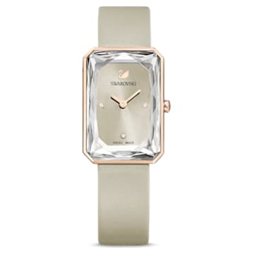 Uptown watch, Swiss Made, Leather strap, Grey, Rose gold-tone finish - Swarovski, 5547716
