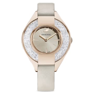 Crystalline Sporty watch, Leather strap, Grey, Champagne gold-tone finish - Swarovski, 5547976