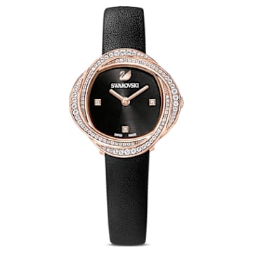 Crystal Flower watch, Swiss Made, Leather strap, Black, Rose gold-tone finish - Swarovski, 5552421