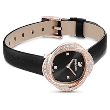 Crystal Flower watch, Leather strap, Black, Rose -gold tone PVD - Swarovski, 5552421