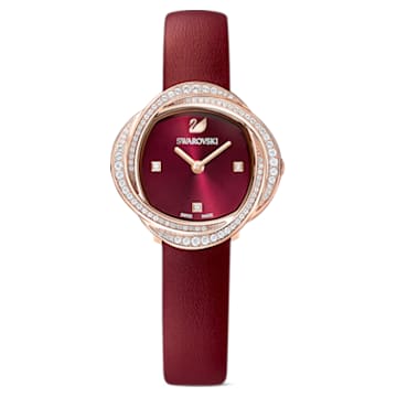 Crystal Flower 腕表, 真皮表带, 紅色, 玫瑰金色调润饰 - Swarovski, 5552780