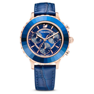 Octea Lux Chrono horloge, Swiss Made, Lederen band, Blauw, Roségoudkleurige afwerking - Swarovski, 5563480