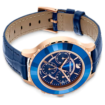 Ceas Octea Lux Chrono, Fabricat în Elveția, Curea din piele, Albastru, Albastru, Finisaj în nuanță roz-aurie - Swarovski, 5563480