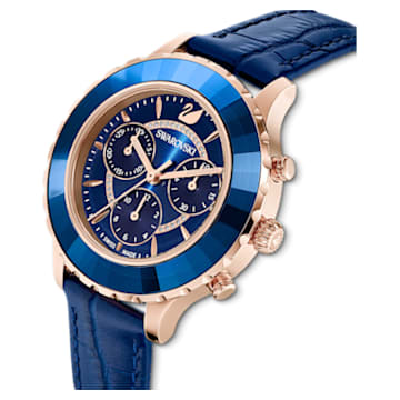 Octea Lux Chrono 手錶, 瑞士製造, 真皮錶帶, 藍色, 玫瑰金色潤飾 - Swarovski, 5563480