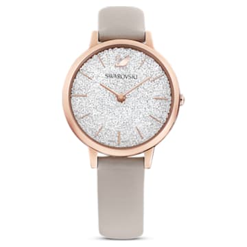 Crystalline Joy watch, Swiss Made, Leather strap, Grey, Rose gold-tone finish - Swarovski, 5563702