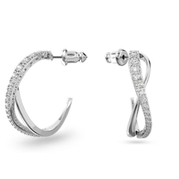 Twist hoop earrings, White, Rhodium plated - Swarovski, 5563908
