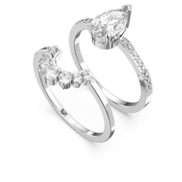 Attract ring, Set (2), Pear cut crystal, White, Rhodium plated - Swarovski, 5572658