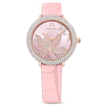 Crystal Frost watch, Flower, Leather strap, Pink, Rose-gold tone PVD - Swarovski, 5575217