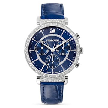 Passage Chrono watch, Swiss Made, Leather strap, Blue, Stainless steel - Swarovski, 5580342