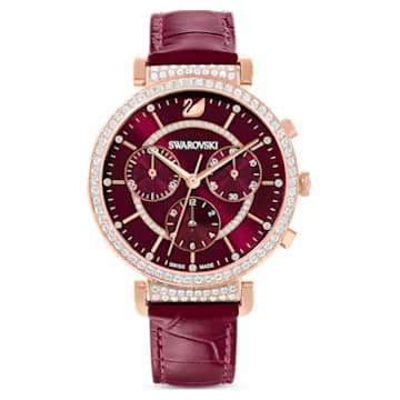 Passage Chrono watch, Leather strap, Red, Rose-gold tone PVD - Swarovski, 5580345
