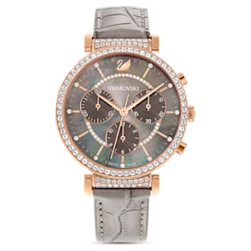 Passage Chrono watch, Leather strap, Grey, Rose-gold tone PVD - Swarovski, 5580348