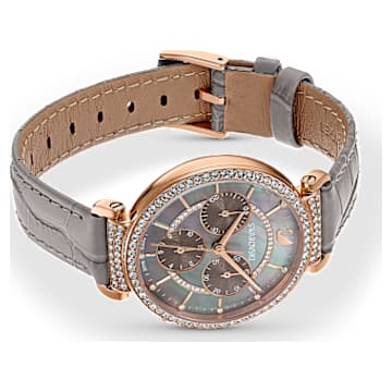 Montre Passage Chrono, Fabriqué en Suisse, Bracelet en cuir, Gris, Finition or rose - Swarovski, 5580348