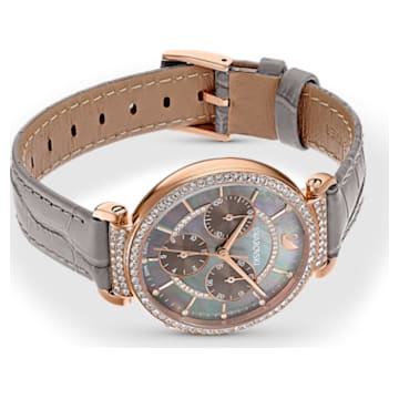 Passage Chrono watch, Leather strap, Gray, Rose-gold tone PVD - Swarovski, 5580348