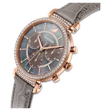 Passage Chrono watch, Swiss Made, Leather strap, Gray, Rose gold-tone finish - Swarovski, 5580348