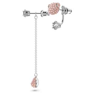 Teddy pierced earrings, Asymmetrical, Bear, Pink, Rhodium plated - Swarovski, 5597924
