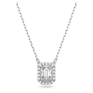 Ciondolo Rizilia Con Catena 18 Pollici, Taglio Rettangolare CZ, Placcato Oro Bianco, Semplice Ed Elegante, 5 Colori