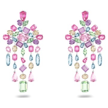 Gema clip earrings, Mixed cuts, Chandelier, Extra long, Multicolored, Rhodium plated - Swarovski, 5601887