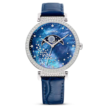 Passage Moon Phase Uhr, Schweizer Produktion, Mond, Lederarmband, Blau, Edelstahl - Swarovski, 5613320