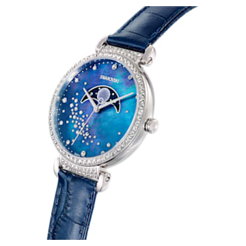 Passage Moon Phase horloge, Swiss Made, Maan, Lederen band, Blauw, Roestvrij staal - Swarovski, 5613320