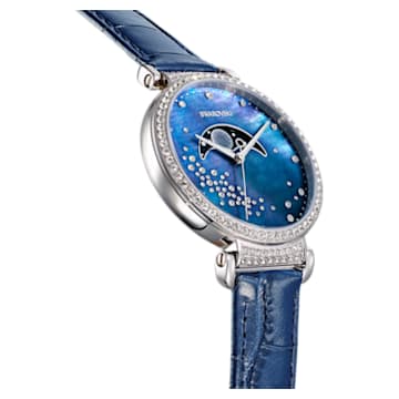 Passage Moon Phase horloge, Swiss Made, Maan, Lederen band, Blauw, Roestvrij staal - Swarovski, 5613320