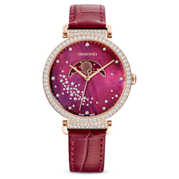 Passage Moon Phase watch, Leather strap, Red, Rose gold-tone finish - Swarovski, 5613323