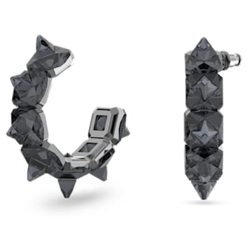 Ortyx 大圈耳环, 金字塔形切割, 灰色, 鍍黑鉻色 - Swarovski, 5613681