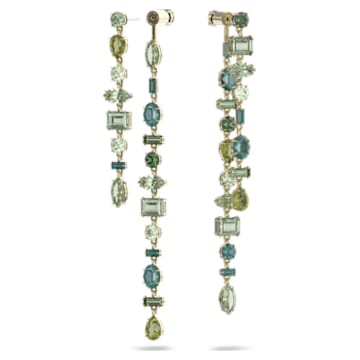 Gema csepp alakú fülbevaló, Aszimmetrikus dizájn, Vegyes metszés,  Extra hosszú, Zöld, Aranytónusú bevonattal - Swarovski, 5613734