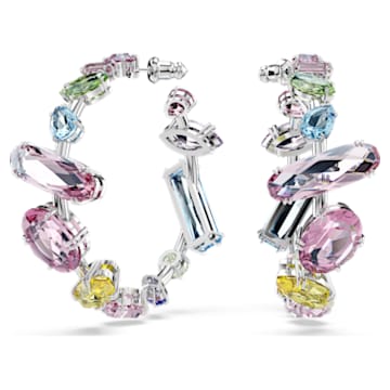 Gema hoop earrings, Mixed cuts, Multicoloured, Rhodium plated - Swarovski, 5613737