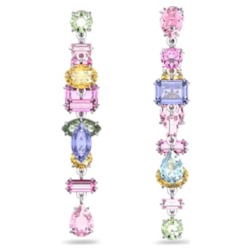 Gema drop earrings, Asymmetrical design, Mixed cuts, Long, Multicolored, Rhodium plated - Swarovski, 5613740