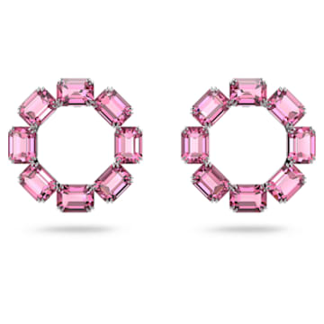 Millenia hoop earrings, Octagon cut crystals, Pink, Rhodium plated - Swarovski, 5614296
