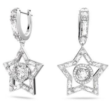 Stella hoop earrings, Star, White, Rhodium plated - Swarovski, 5617767