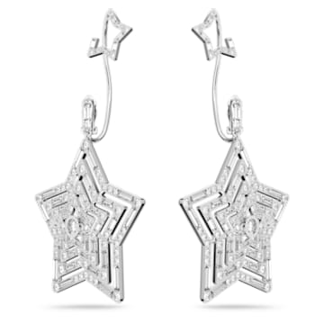 Stella clip earrings, Star, Large, White, Rhodium plated - Swarovski, 5617768