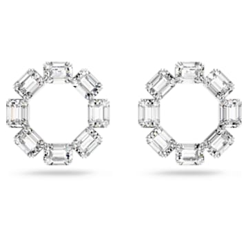 Millenia hoop earrings, Octagon cut crystals, White, Rhodium plated - Swarovski, 5618629