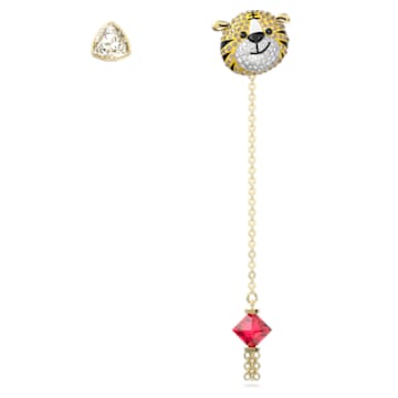 Zodiac Tiger drop earrings, Asymmetrical design, Tiger, Multicolored, Gold-tone plated - Swarovski, 5620293
