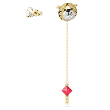 Zodiac Tiger 水滴形耳环, 不对称, 老虎, 流光溢彩, 镀金色调 - Swarovski, 5620293