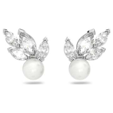 Louison Pearl Pierced Earrings, White, Rhodium plated - Swarovski, 5627346