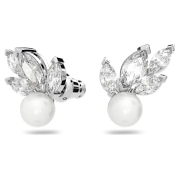 Louison Pearl stud earrings, Leaf, White, Rhodium plated - Swarovski, 5627346