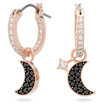 Swarovski Symbolic hoop earrings, Moon and star, Black, Rose gold-tone plated - Swarovski, 5627352