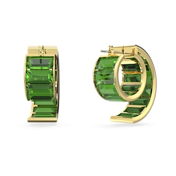 Matrix hoop earrings, Baguette cut, Green, Gold-tone plated - Swarovski, 5629297