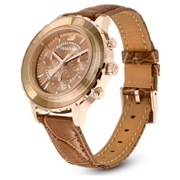 Zegarek Octea Lux Chrono, Swiss Made, Skórzany pasek, Brązowy, Powłoka w odcieniu złota - Swarovski, 5632260