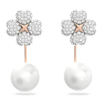 Boucles d’oreilles transformables Latisha, Fleur, Blanches, Placage de ton or rosé par SWAROVSKI