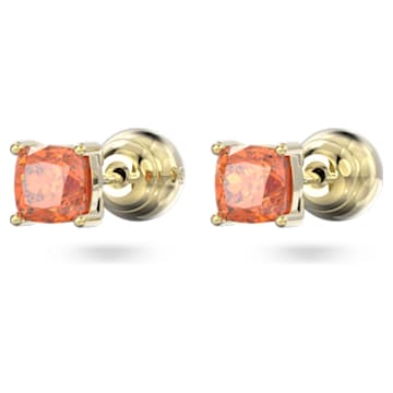 Stilla stud earrings, Cushion cut, Orange, Gold-tone plated - Swarovski, 5639123