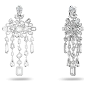 Gema clip earrings, Mixed cuts, Chandelier, Extra long, White, Rhodium plated - Swarovski, 5639329