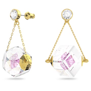 Curiosa drop earrings, Asymmetrical design, Floating chaton, Pink, Gold-tone plated - Swarovski, 5641733