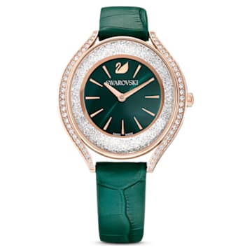 Relógio Crystalline Aura, Fabrico suíço, Pulseira de couro, Verde, Acabamento em rosa dourado - Swarovski, 5644078
