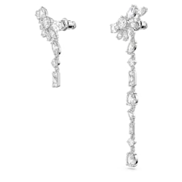 Gema drop earrings, Asymmetrical design, Mixed cuts, Flower, Long, White, Rhodium plated - Swarovski, 5644680