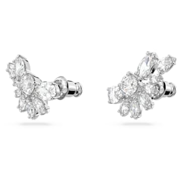 Gema drop earrings, Asymmetric design, Flower, White, Rhodium plated - Swarovski, 5644680