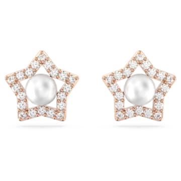 Stella 耳钉, 仿水晶珍珠, 星星, 白色, 镀玫瑰金色调 - Swarovski, 5645465