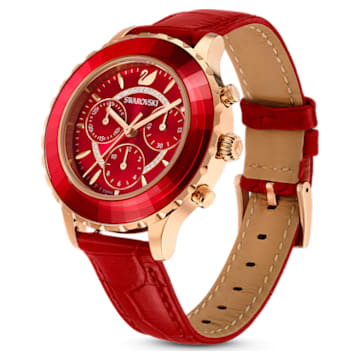 Octea Lux Chrono 腕表, 真皮表带, 紅色, 玫瑰金色调润饰 - Swarovski, 5646975
